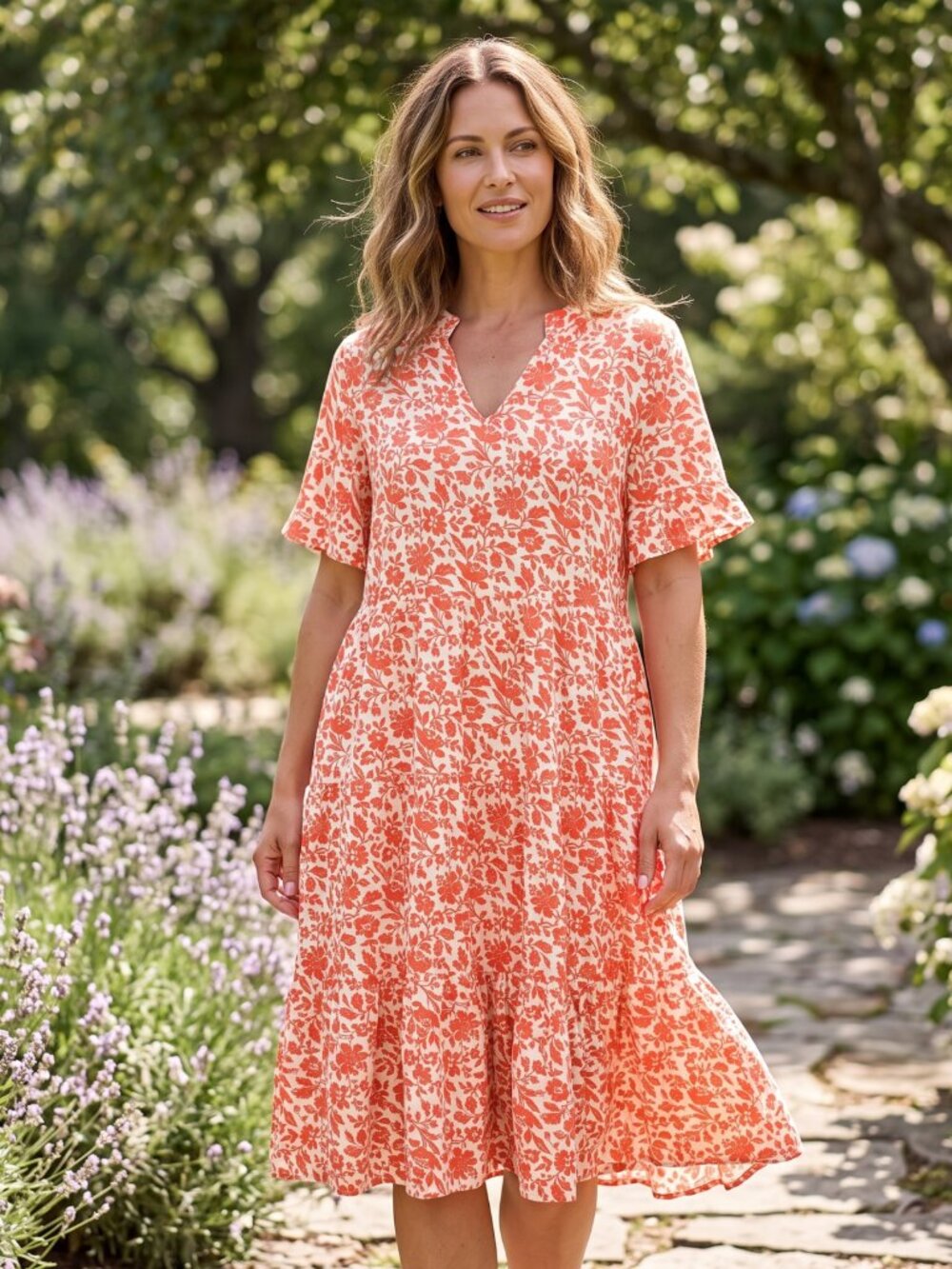 NWT | Hejoy | Orange & Cream Floral V-Neck Tiered Midi Dress with Pockets | Medi